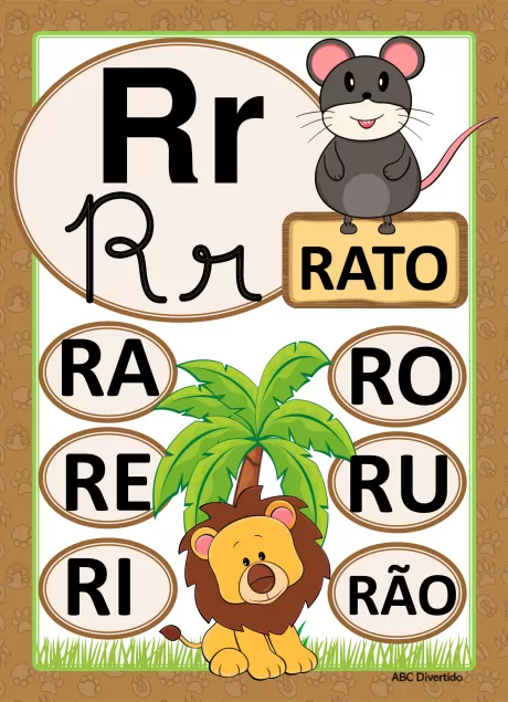 Imagem educativa com a letra R, palavras que começam com R e ilustrações de um rato e um leão.