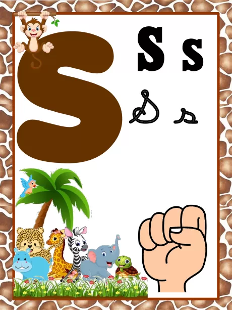 Imagem educativa da letra S com ilustrações de animais e uma mão fazendo o sinal de S.