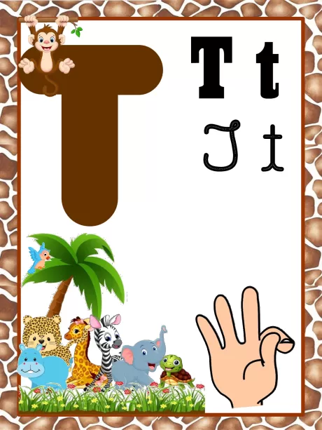 Imagem educativa da letra T com ilustrações de animais e uma mão mostrando o número quatro.