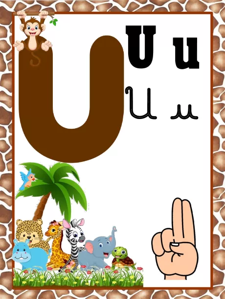 Imagem da letra U com ilustrações de animais e uma mão fazendo o sinal de paz.