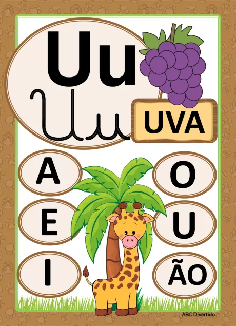 Imagem educativa com a letra U, uva, e uma girafa.