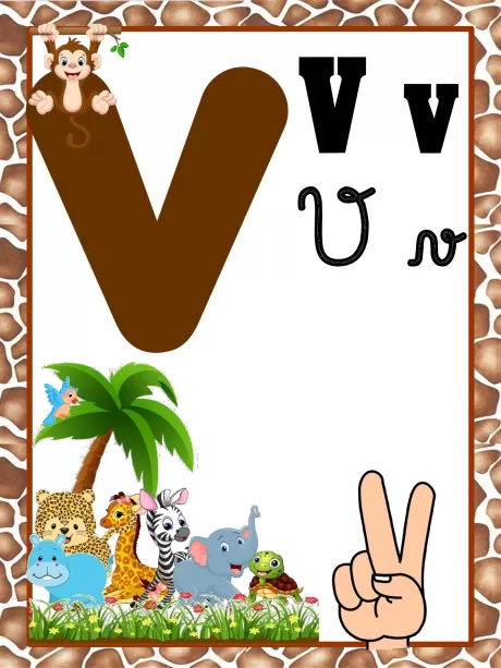 Imagem educativa da letra V com ilustrações de animais e elementos naturais.
