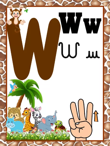 Imagem da letra W com ilustrações de animais e elementos da natureza.