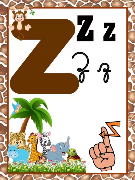 Imagem educativa da letra Z com ilustrações de animais e uma palmeira.