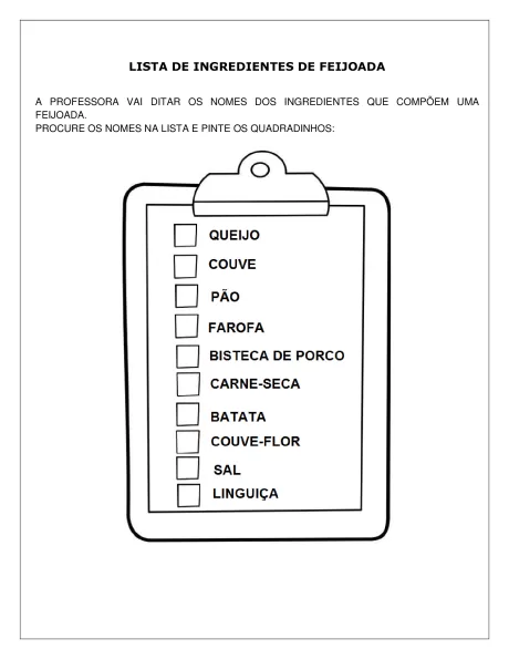 Uma lista de ingredientes para feijoada com itens para marcar.