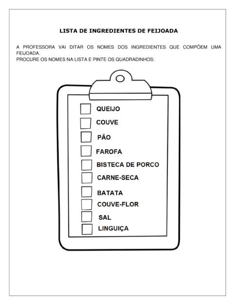 Uma lista de ingredientes para feijoada com itens para marcar.
