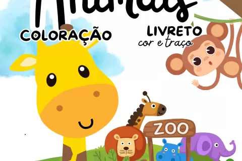 Capa de um livro de colorir com uma girafa, um macaco e outros animais em um zoológico.