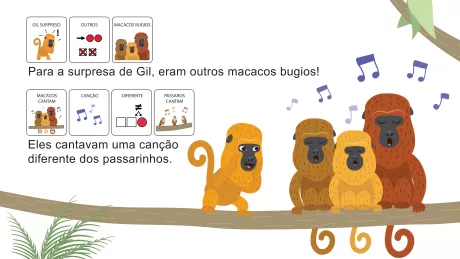 Ilustração de macacos bugios cantando em uma árvore, com notas musicais ao redor.