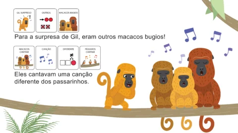 Ilustração de macacos bugios cantando em uma árvore, com notas musicais ao redor.