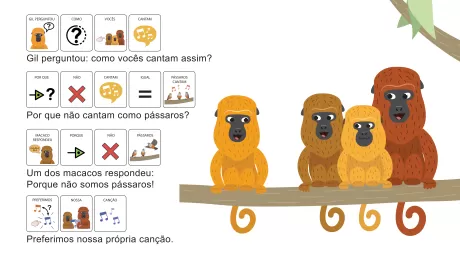 Ilustração de macacos em uma árvore, discutindo sobre como cantam.