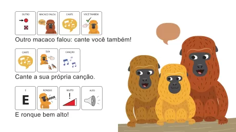 Três macacos, um deles falando e os outros ouvindo, com ícones de música e som ao fundo.