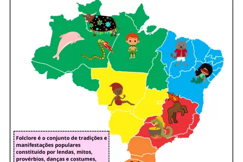 Mapa do Brasil destacando as regiões e personagens do folclore brasileiro.