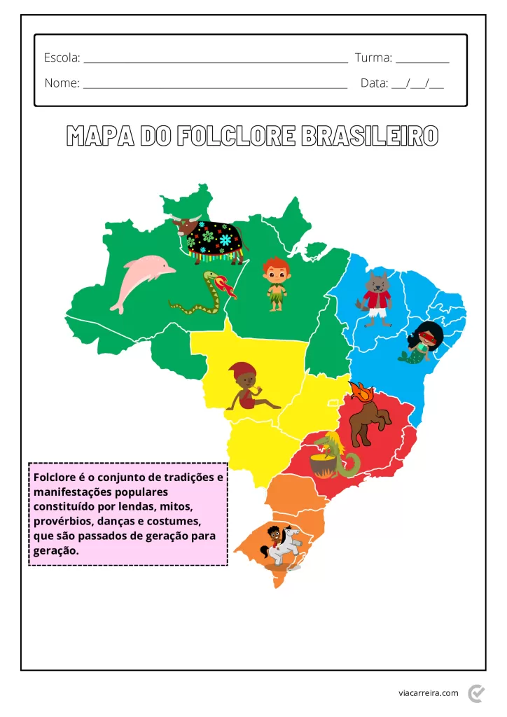 Mapa do Brasil destacando as regiões e personagens do folclore brasileiro.