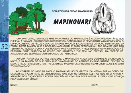 Ilustração do Mapinguari em meio à floresta com descrição de suas características.