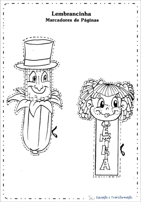 Marcadores de páginas em forma de personagem divertido, um com um chapéu e outro com cabelo encaracolado.