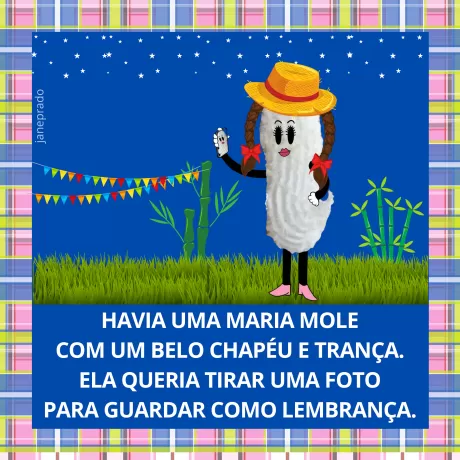 Personagem Maria Mole vestida com chapéu e tranças, em um cenário azul com grama e estrelas.