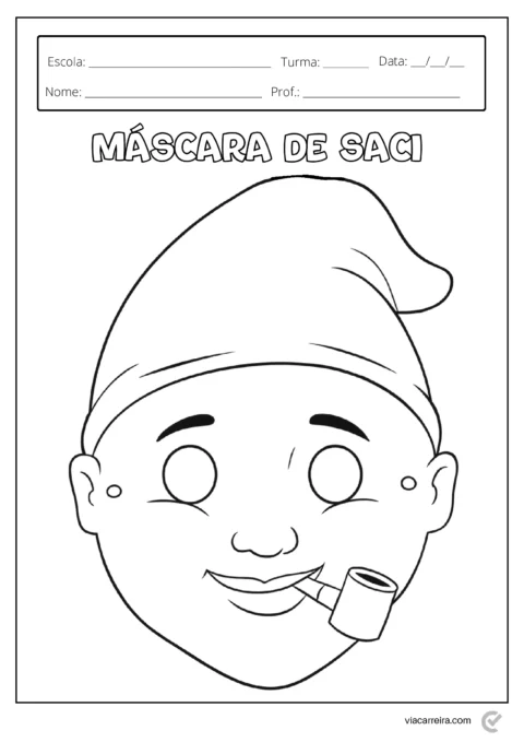 Desenho para colorir de uma máscara de Saci com um sorriso e um cachimbo.