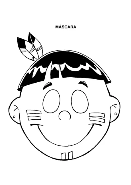 Máscara de criança com traços indígenas e sorriso.