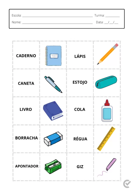 Imagem ilustrativa de materiais escolares como caderno, lápis, caneta, estojo, livro, cola, borracha, régua, apontador e giz.
