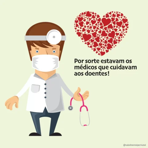 Ilustração de um médico com estetoscópio e máscara, ao lado de um coração formado por corações menores.