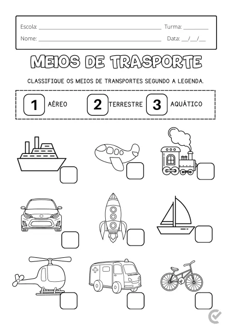 Atividade educativa sobre meios de transporte, com imagens de diferentes veículos para classificar em aéreo, terrestre e aquático.