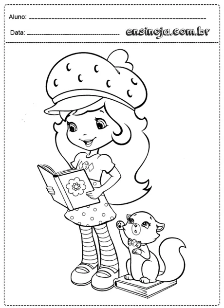 Desenho de uma menina lendo um livro com um animal ao seu lado.