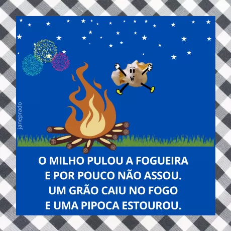 Ilustração de milho pulando sobre uma fogueira com pipoca estourando ao fundo.