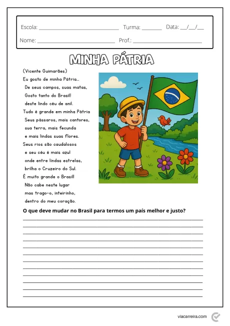 Desenho de uma criança com a bandeira do Brasil em um ambiente natural, escrevendo sobre sua pátria.