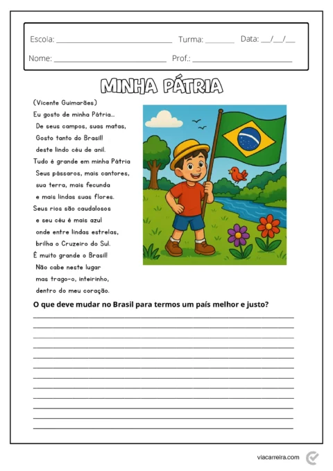 Desenho de uma criança com a bandeira do Brasil em um ambiente natural, escrevendo sobre sua pátria.