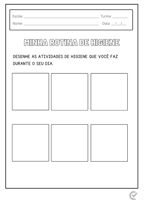 Folha de atividades para desenhar a rotina de higiene pessoal.