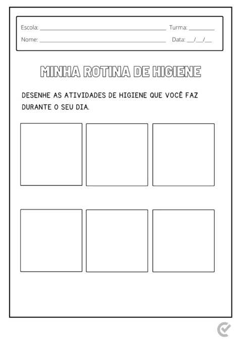 Folha de atividades para desenhar a rotina de higiene pessoal.