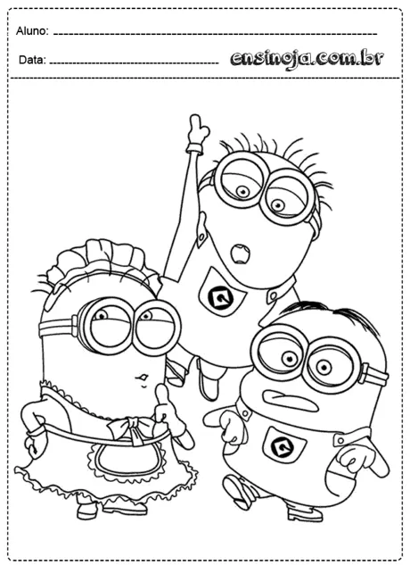 Desenho para colorir de três Minions em poses divertidas.