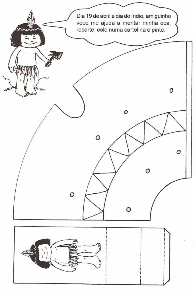 Desenho de uma criança indígena com uma flecha e uma oca para recortar e montar.