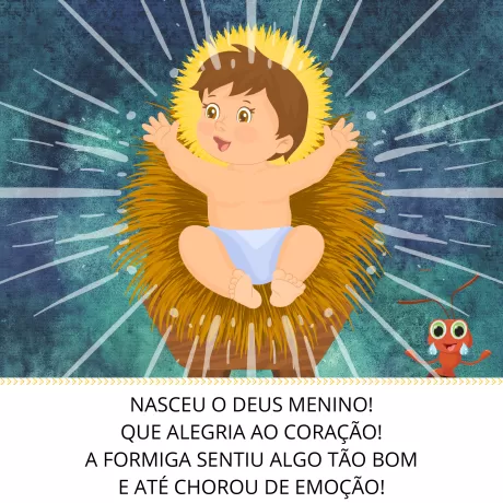 Ilustração de um menino em uma manjedoura, com expressão alegre, cercado por elementos festivos.