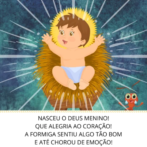 Ilustração de um menino em uma manjedoura, com expressão alegre, cercado por elementos festivos.