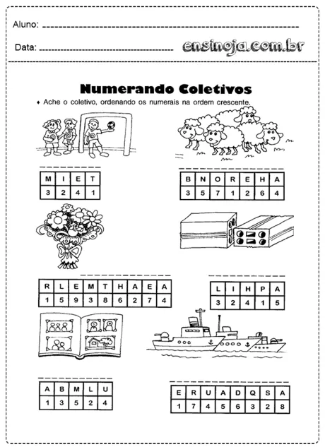 Atividade de numerando coletivos com ilustrações de crianças, ovelhas, flores, blocos, um livro e um barco.