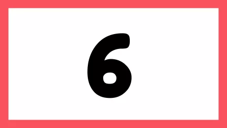Número 6 em destaque sobre fundo branco com borda rosa