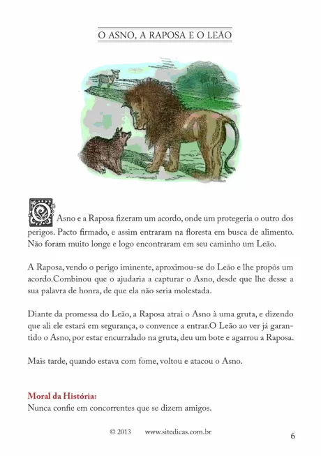 Ilustração da fábula 'O Asno, a Raposa e o Leão' mostrando um leão, uma raposa e um asno.