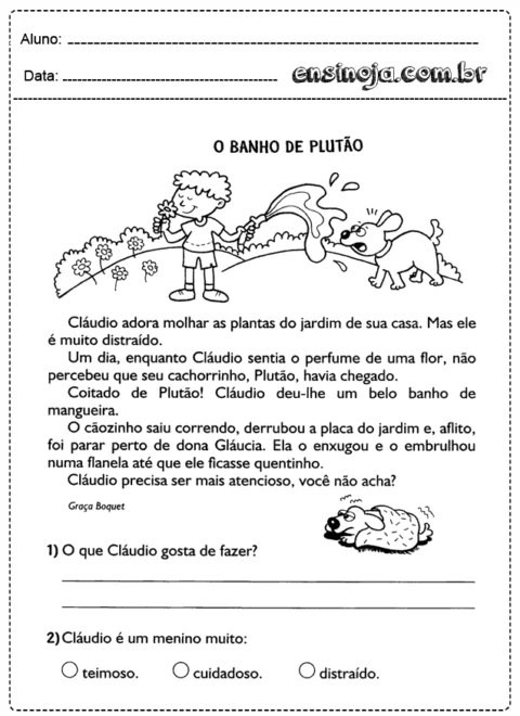 Criança regando plantas com um cachorro ao lado.