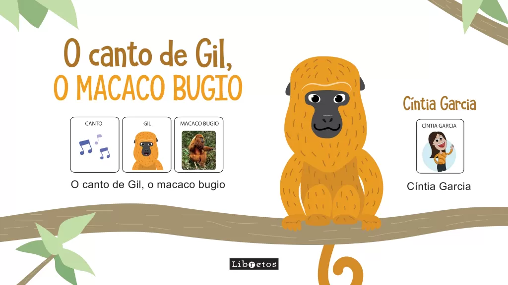 Ilustração de um macaco bugio com informações sobre o canto de Gil.