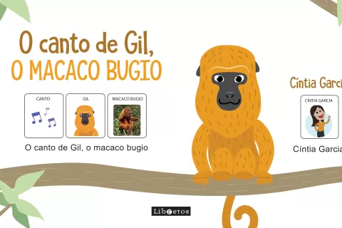 Ilustração de um macaco bugio com informações sobre o canto de Gil.