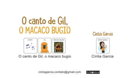 Ilustração do livro 'O canto de Gil, o macaco bugio' com imagens de um canto e um macaco bugio.
