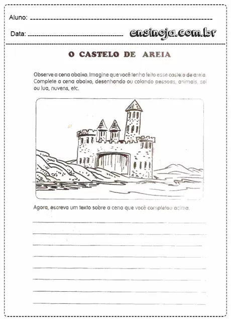 Desenho de um castelo de areia com espaço para completar com desenhos e texto.