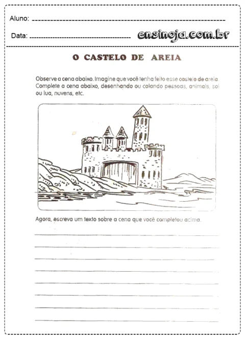 Desenho de um castelo de areia com espaço para completar com desenhos e texto.