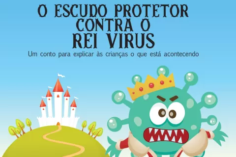 Ilustração de um vírus com expressão zangada e uma coroa, cercado por um castelo e um céu azul.