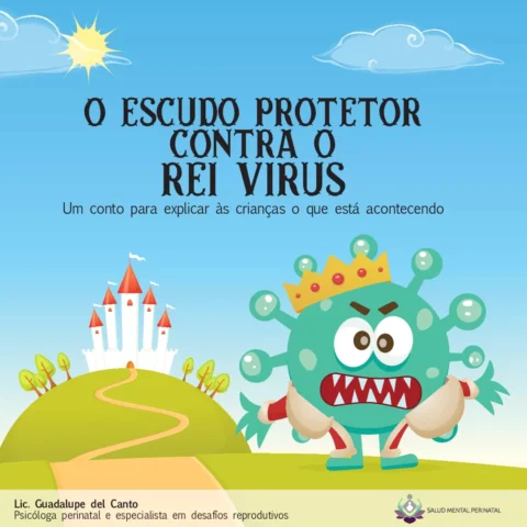 Ilustração de um vírus com expressão zangada e uma coroa, cercado por um castelo e um céu azul.