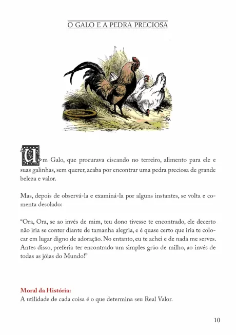 Ilustração do conto 'O Galo e a Pedra Preciosa' com um galo e galinhas.