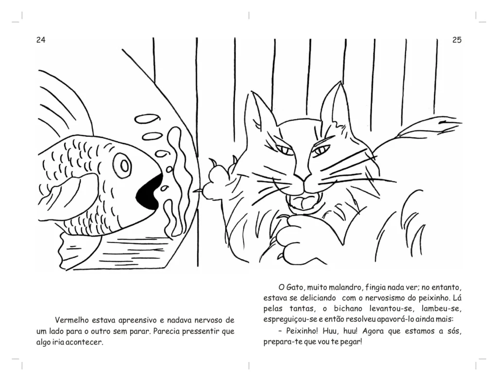 Ilustração de um gato e um peixe em uma cena de um conto infantil.