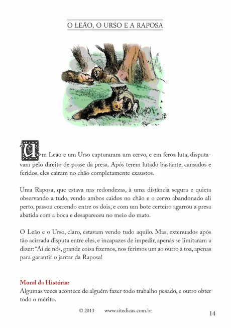 Ilustração da fábula 'O Leão, o Urso e a Raposa' mostrando um leão, um urso e uma raposa.