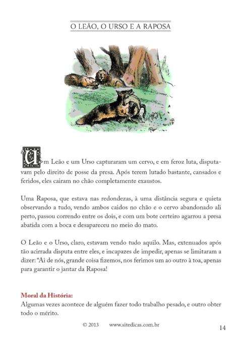 Ilustração da fábula 'O Leão, o Urso e a Raposa' mostrando um leão, um urso e uma raposa.